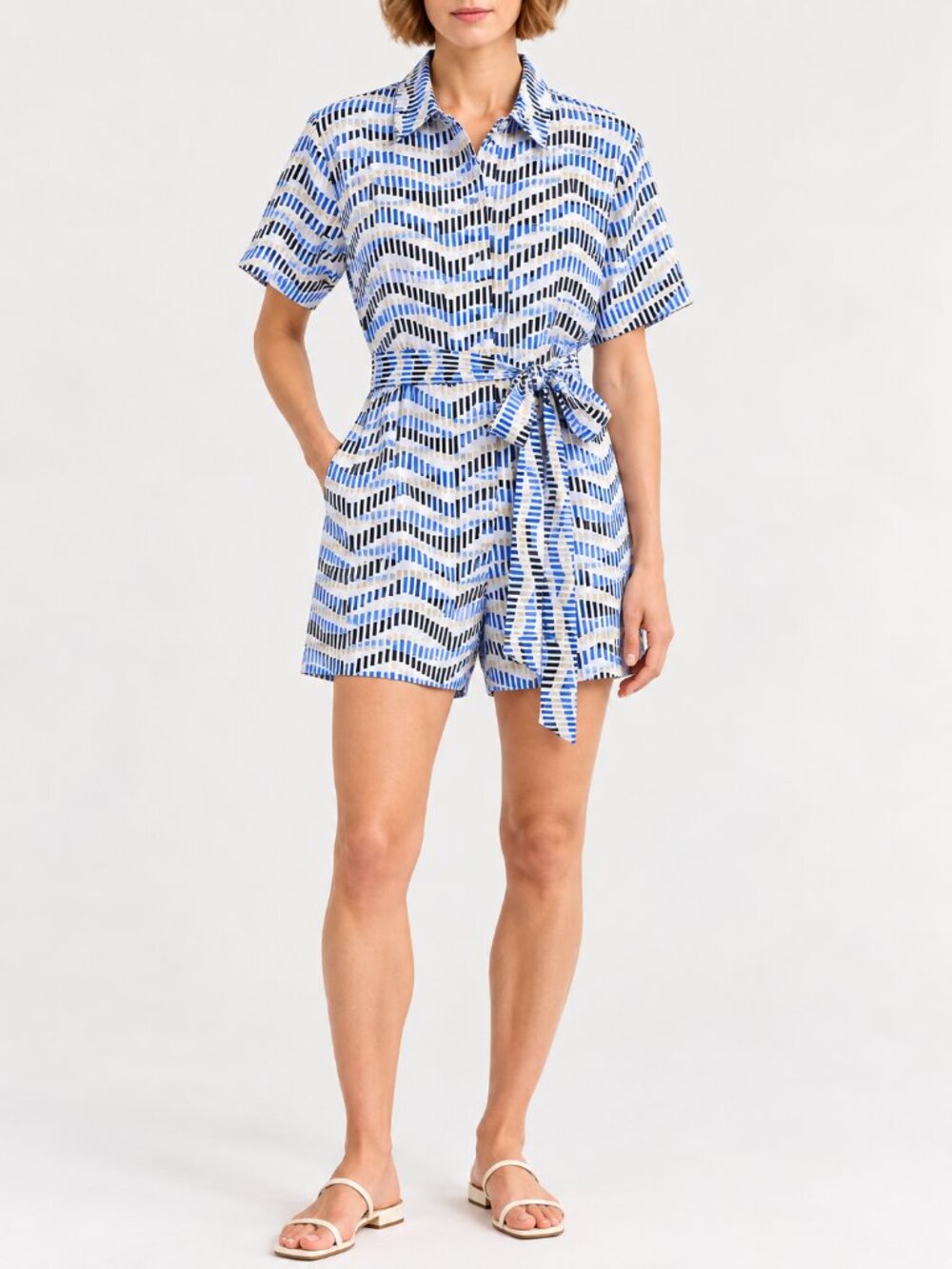 FRNCH Blue Printed Romper Collared Button Front Tie Waist Viscose M NWOT